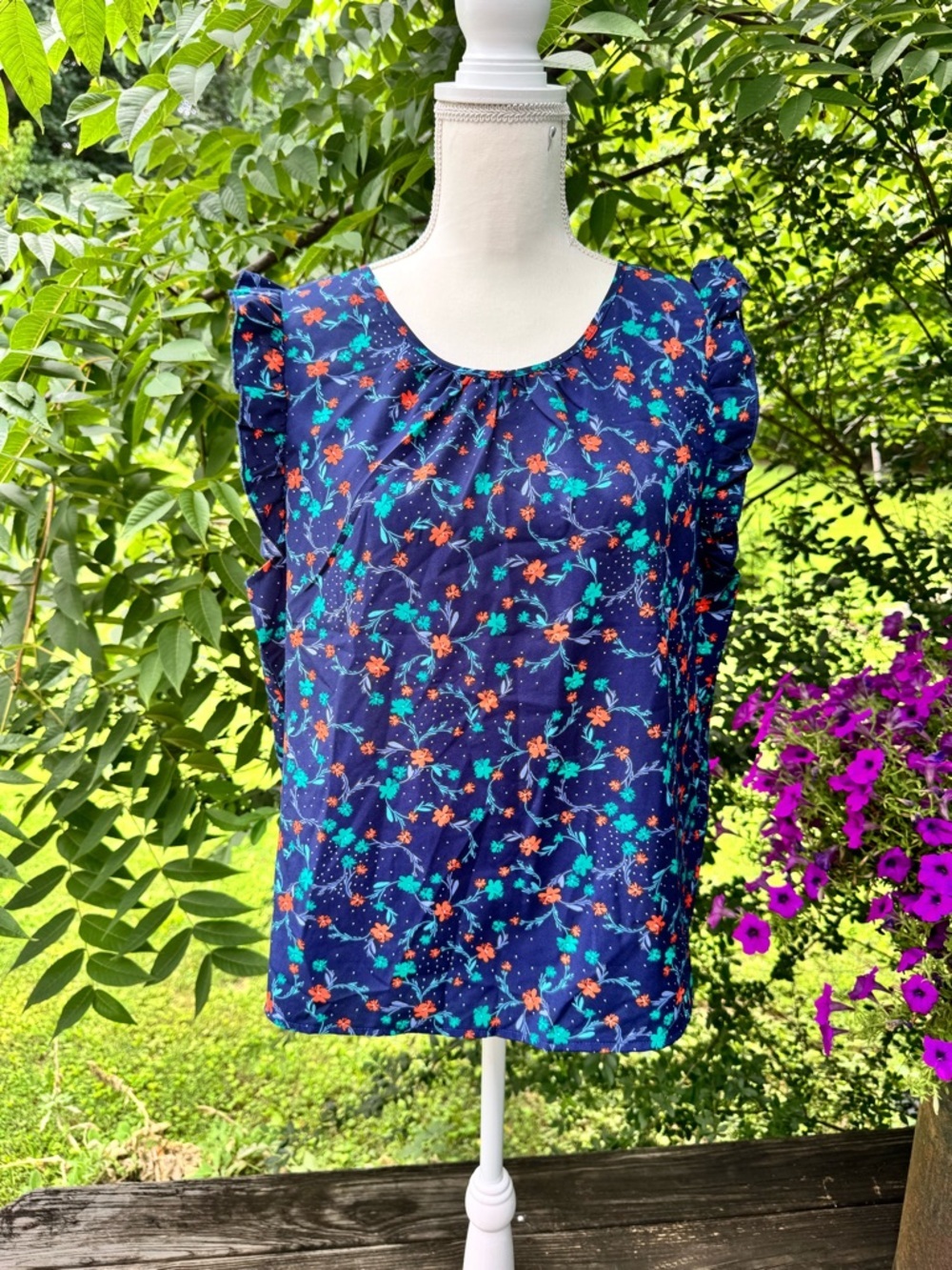 Women’s XL Navy Floral Flutter Sleeve Blouse Top Blue Orange Teal